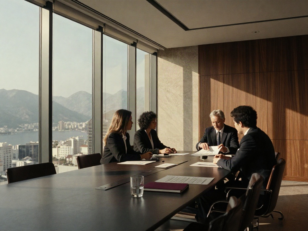 Business strategists reviewing a plan together in a sunlit boardroom overlooking Montenegro’s mountains
